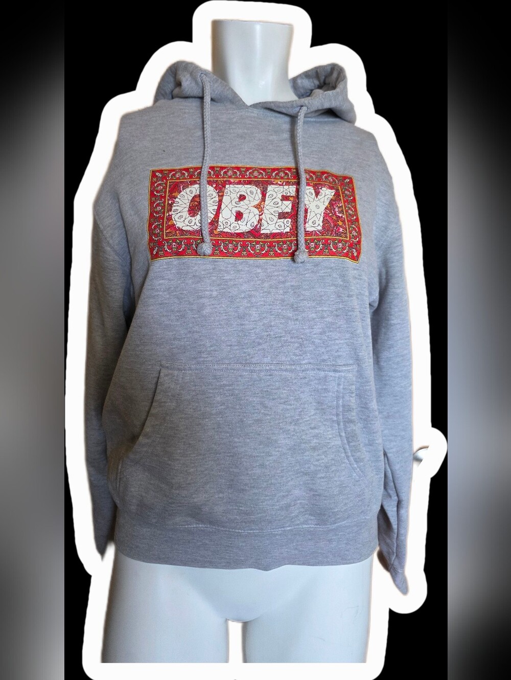 Obey Gray Hoodie with Red Paisley Logo Panel